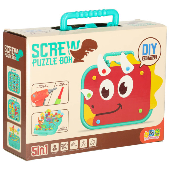 Set creativ pentru constructii cu șurubelniță 285 buc SCREW PUZZLE BOX  Dinosaur  - verde