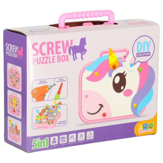 Set creativ pentru constructii cu șurubelniță 285 buc SCREW PUZZLE BOX Unicorn - roz