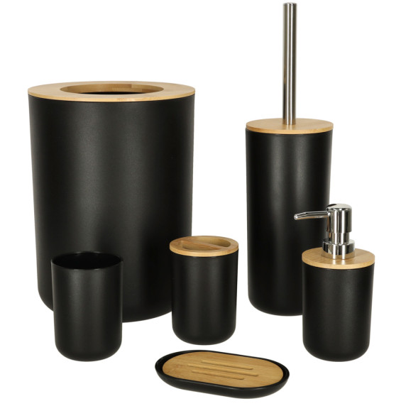 Set accesorii pentru baie - 6 piese - negru/lemn