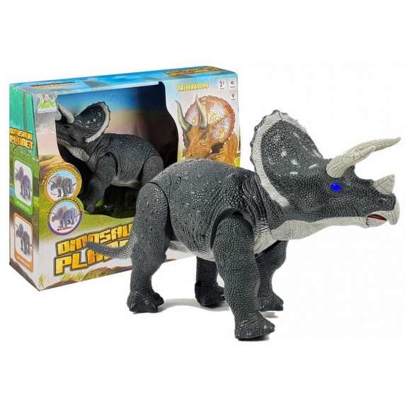 Figurină dinozaur cu efecte lumini și sunet Triceratops Inlea4fun - gri