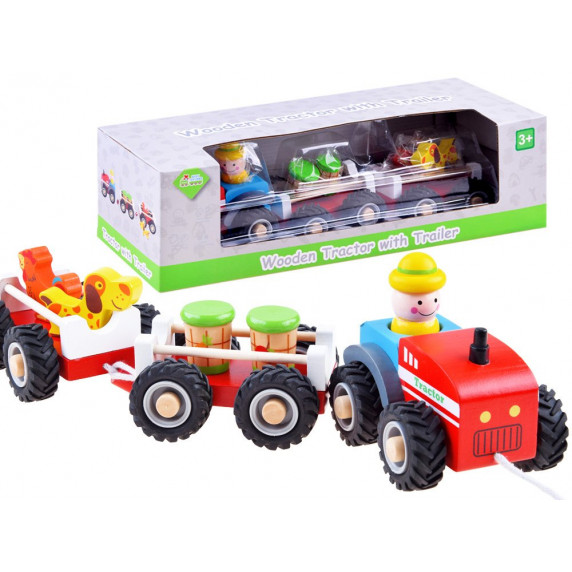 Set tractor din lemn, cu accesorii, Wooden Tractor Inlea4Fun